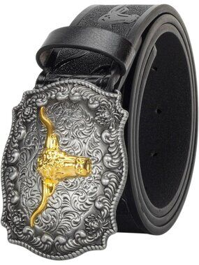 Men's Black Leather Belt Western Cowboy Waist Strap Decoration Floral Engraved